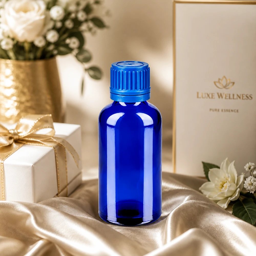 Elegante 50ml Blauglasflasche mit Originalitätsverschluss für hochwertige Pflegeprodukte und Seren