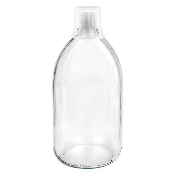 1000ml lahvička na léky čirá, uzávěr bez možnosti manipulace s dávkovacím kalíškem 30ml ApoGlas 1000ml lahvička na léky čirá, uzávěr bez možnosti manipulace s dávkovacím kalíškem 30ml ApoGlas
