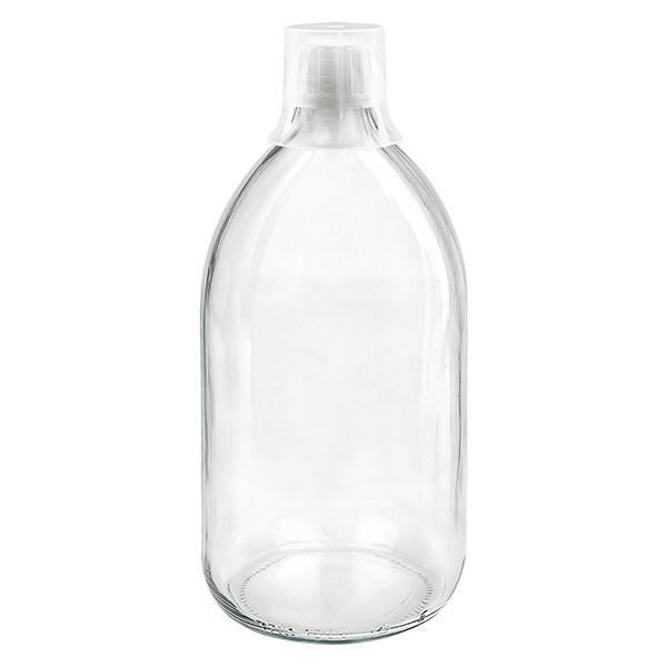 1000ml lahvička na léky čirá, uzávěr bez možnosti manipulace s dávkovacím kalíškem 30ml ApoGlas 1000ml lahvička na léky čirá, uzávěr bez možnosti manipulace s dávkovacím kalíškem 30ml ApoGlas