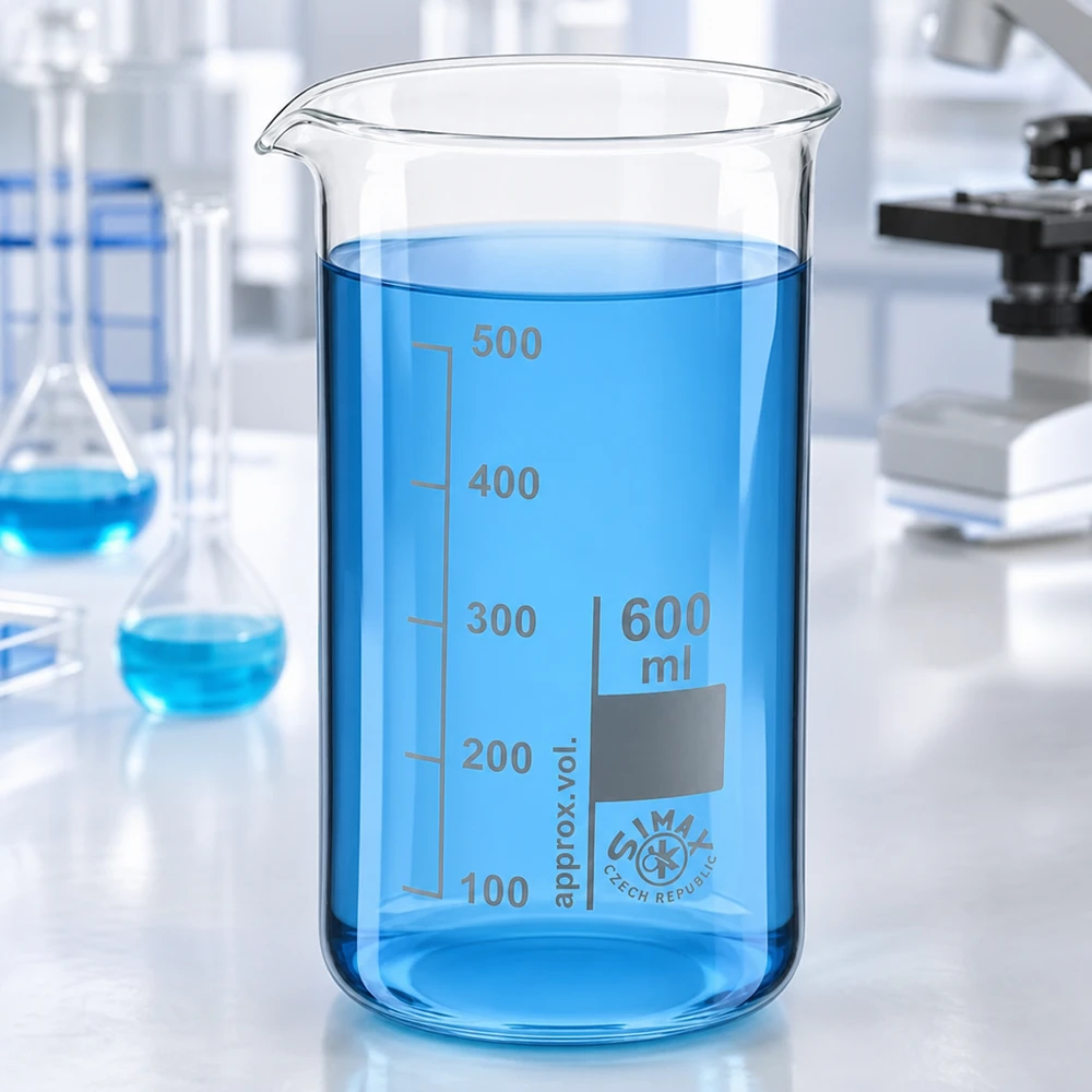 Kádinka 600 ml z borosilikátového skla, vysoký tvar Laborbecher 600ml tall form Borosilikatglas mit Mikroskop und Erlenmeyerkolben im Hintergrund