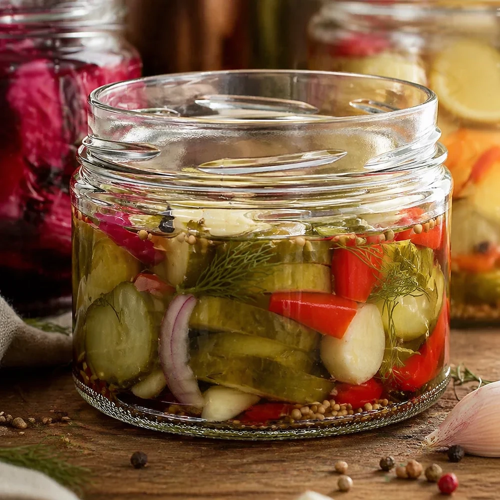 Kulatá sklenice o objemu 540 ml bez víčka (TO100) UNiTWIST UNiTWIST Runda540 Sturzglas 540ml TO100 mit eingelegtem Gemüse Gurken Paprika Zwiebeln Dill Einlegen Pickles
