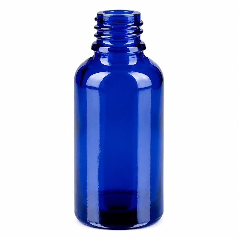 30ml láhev 11mm šroubovací uzávěr zelený standard BlueLine UT18/30 30ml Schraubflasche aus dunkelblauem Glas mit Standard-Gewinde für Kosmetik
