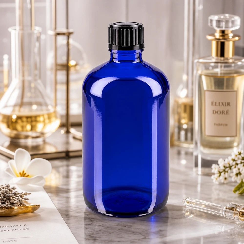 Lékárenská láhev modrá 100ml šroubovací uzávěr černá standardní Lichtschutzflasche blau 100ml Glas mit schwarzem Verschluss für Parfümherstellung
