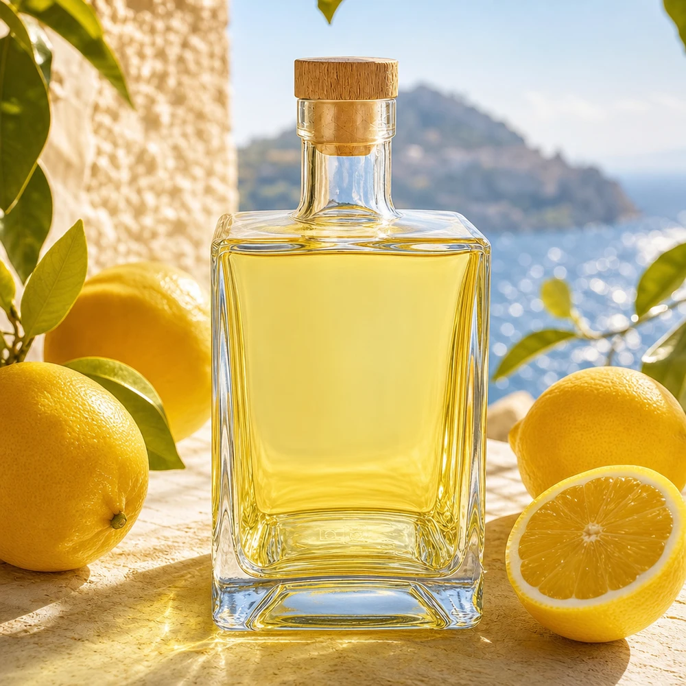 700ml Glasflasche Ben gefüllt mit gelbem Likör zwischen Zitronen in mediterraner Kulisse mit Korkverschluss