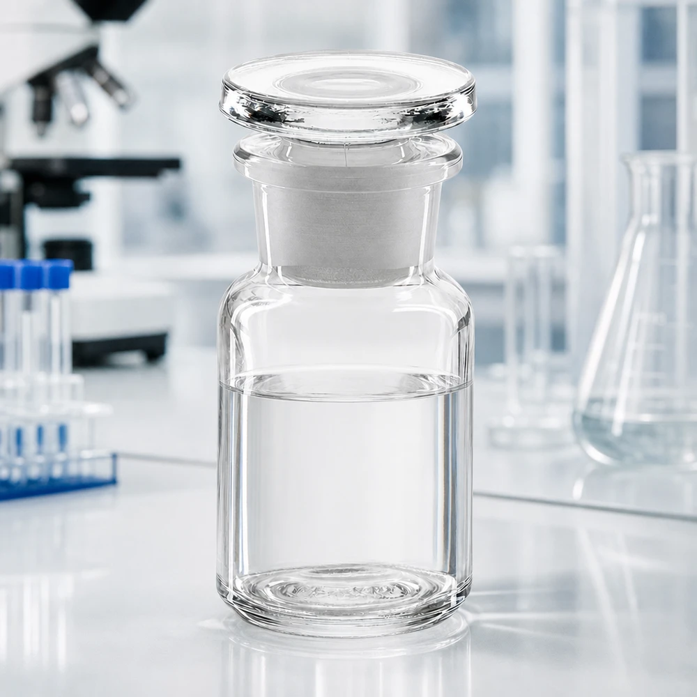 Láhev s kulatým ramenem 50ml čirá skleněná zátka se širokým hrdlem Professionelle Laborflasche 50ml Rundschulter Weithals klar mit halbgefülltem Glasinhalt