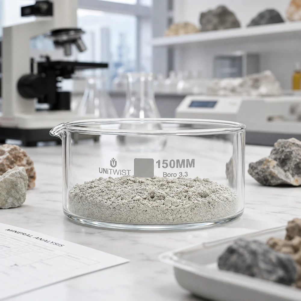 Niedrige zylindrische Laborschale UNiTWIST 150mm Borosilikatglas mit Mineralpulver Geowissenschaften