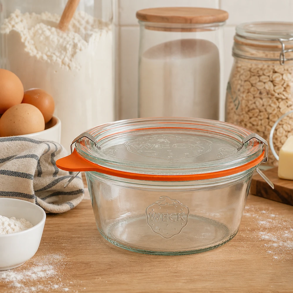 290ml nízká zavařovací sklenice s kompletním víkem WECK RR100 WECK Sturzglas 290ml RR100 in moderner Küche mit Backzutaten zeigt praktische Aufbewahrung und edles Design