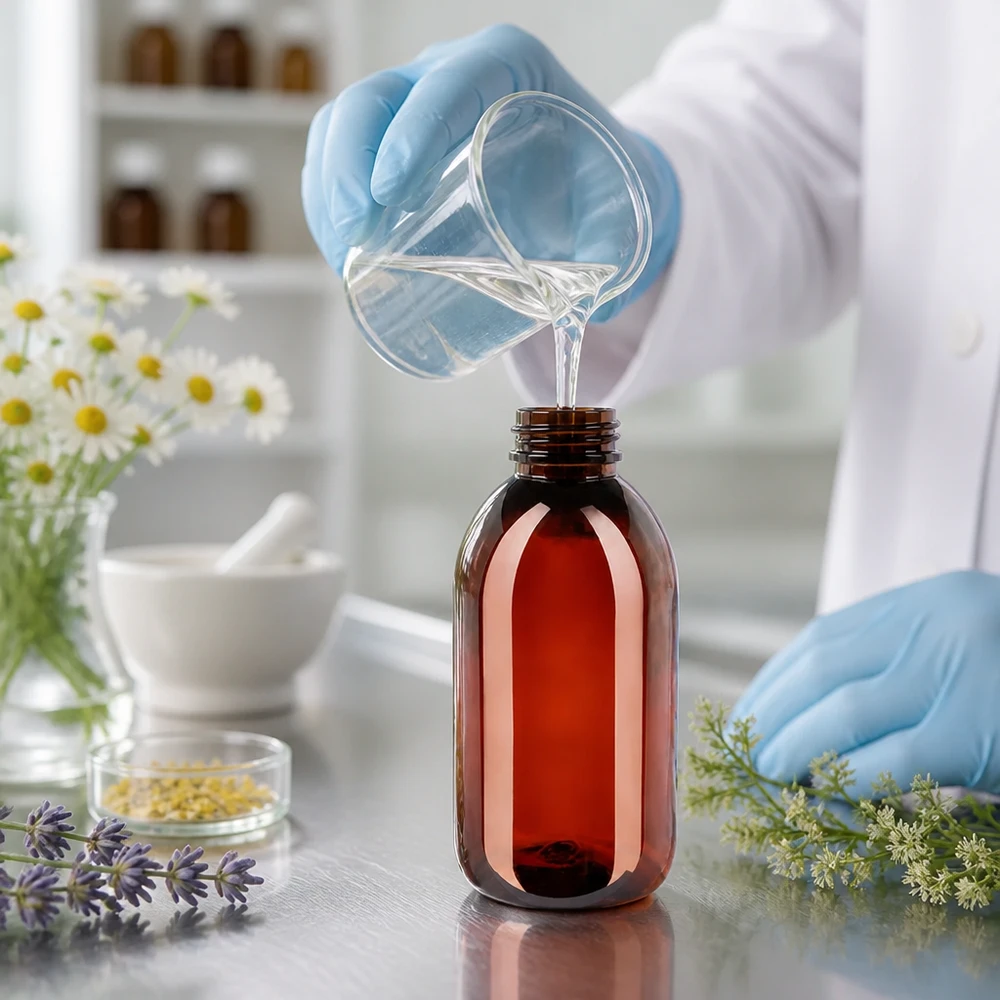 Lékárnická láhev o objemu 250 ml z PET plastu se zeleným uzávěrem s dětskou pojistkou, který zaručuje neporušenost balení