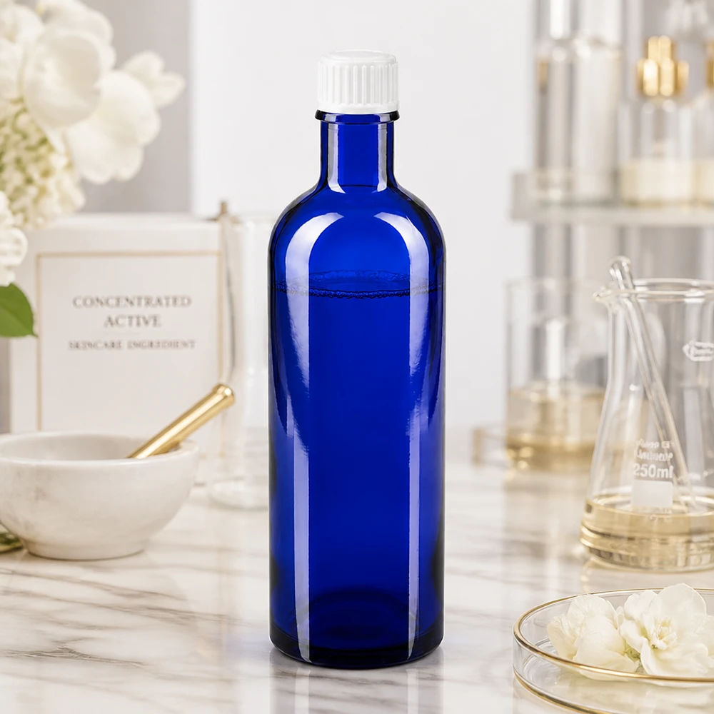 Lékárenská láhev modrá 200ml šroubovací uzávěr bílý stř. Blaue Serumflasche 200ml mit breitem Flaschenhals und sicherem weißem Verschluss aus Glas