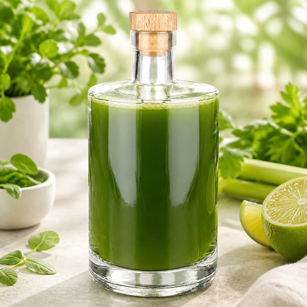 700ml Glasflasche "Galileo" mit Holzgriffkorken UNiTWIST® 700ml Glasflasche Marie mit grünem Smoothie befüllt neben frischen Kräutern und Limetten in heller Küche