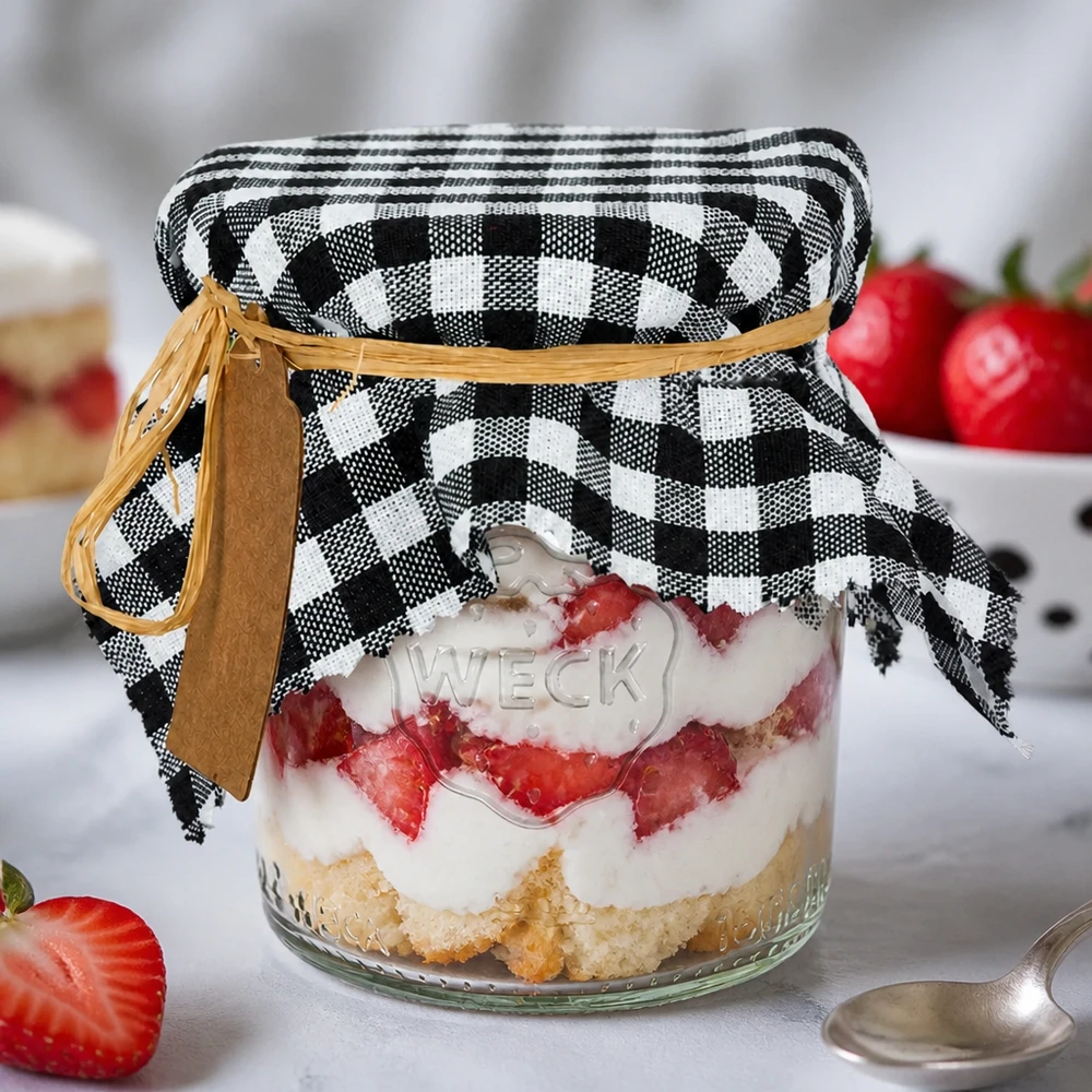 Schmuckdeckchen schwarz-weiß kariert auf Dessert-Weckglas mit Erdbeeren und Sahne rustikale Dekoration 15cm eckig