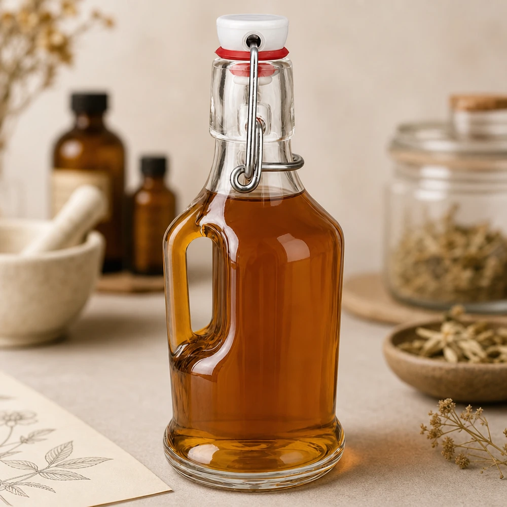 Glasflasche Bertha 200ml bernsteinfarben gefüllt, natürliche Küchenszene mit Kräutern und Gewürzen, UNiTWIST Verschluss