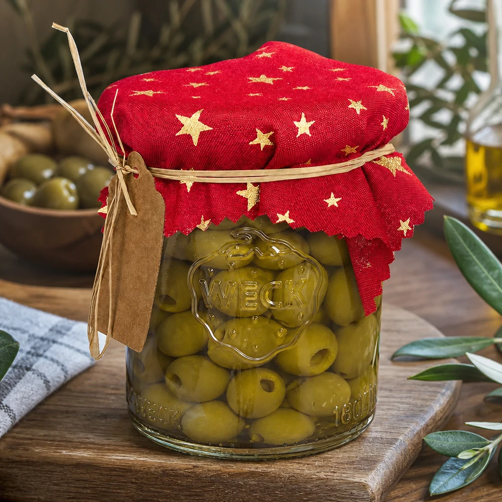 Látkový ubrousek na šperky červený "hvězdy" 12cm čtvercový Stoff Schmuckdeckchen rot Sterne-Muster 12cm auf Olivenglas mediterrane Küchendeko Einweckglas mit Anhänger