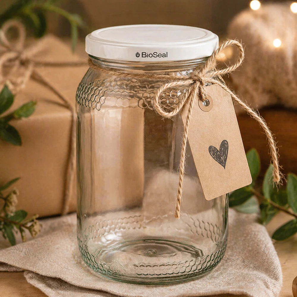 1260g Honigglas + BioSeal Deckel weiß UNiTWIST 900ml Honigglas mit BioSeal Deckel und Juteschnur als Geschenkverpackung auf Leinentuch mit Kraftpapier-Anhänger