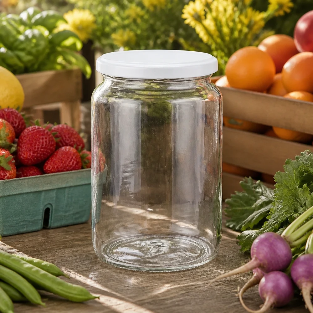 795ml kulatá sklenice s víčkem BasicSeal bílá UNiTWIST Klares 795ml Rundglas mit weißem Deckel inmitten von frischem Obst und Gemüse - perfekt für Marmelade und Eingemachtes