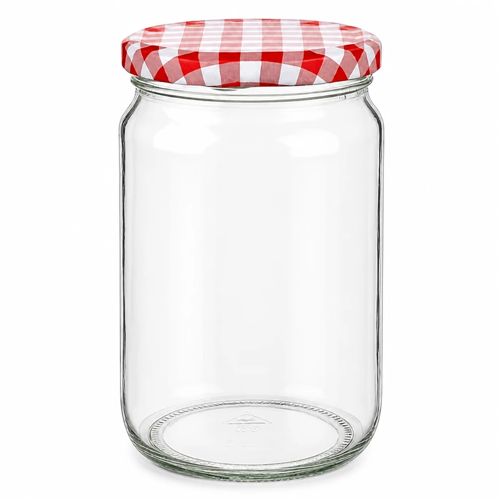 795ml kulatá sklenice s víčkem BasicSeal červená/bílá UNiTWIST 795ml Rundglas mit rot-weiß kariertem BasicSeal Deckel, leeres Einmachglas für Konservierung und Aufbewahrung