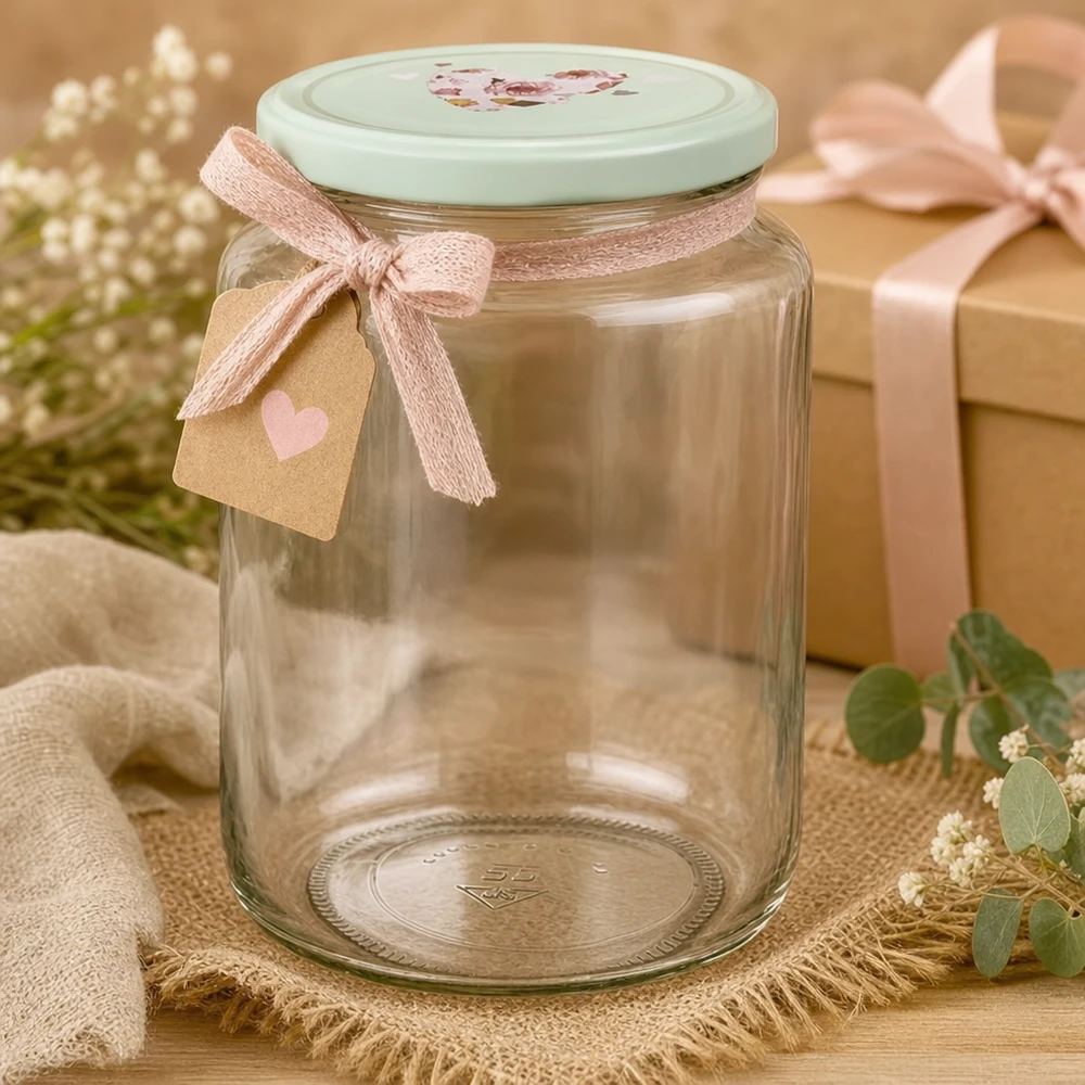 795ml Rundglas mit mint BasicSeal Herzdeckel dekoriert mit rosa Schleife und Geschenkanhänger als Geschenkidee