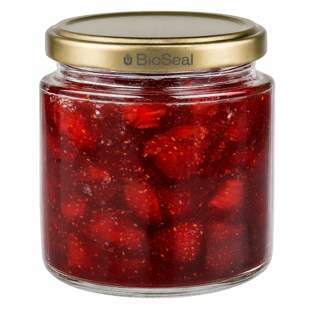 BioSeal 250ml Honigglas mit selbstgemachter Erdbeermarmelade, goldener UNiTWIST Deckel für Konfitüre und Fruchtaufstrich