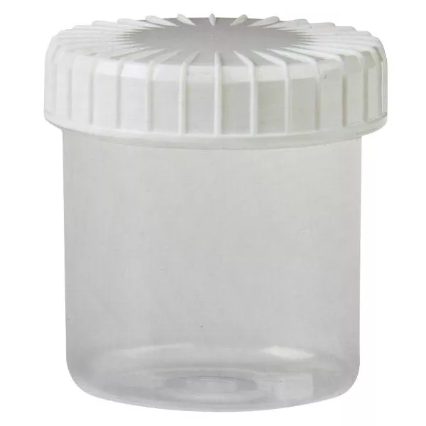 Průhledná šroubovací sklenice 75 ml s drážkovaným černým víčkem.