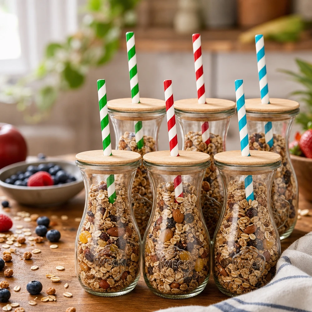 6 x 290ml láhev na šťávu WECK RR60 s dřevěným víčkem a 100 eco S WECK Saftflaschen 290ml gefüllt mit Müsli Nüssen als Vorratsgläser Holzdeckel bunte Papierstrohhalme Küchendeko