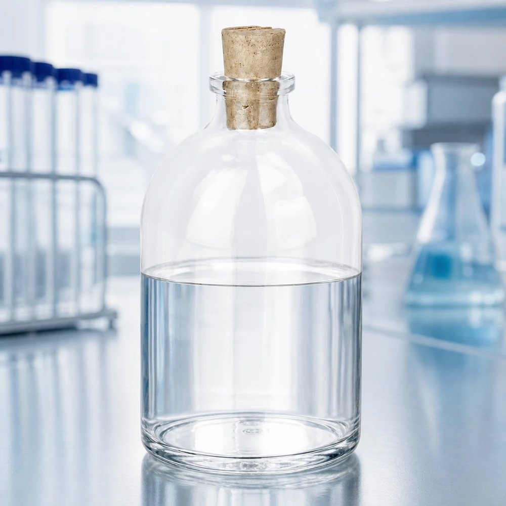 Lahvička z čirého skla 100ml se zátkou 11/14mm Handliche Glasflasche 100ml Korkverschluss auf Edelstahloberfläche in professioneller Laborumgebung