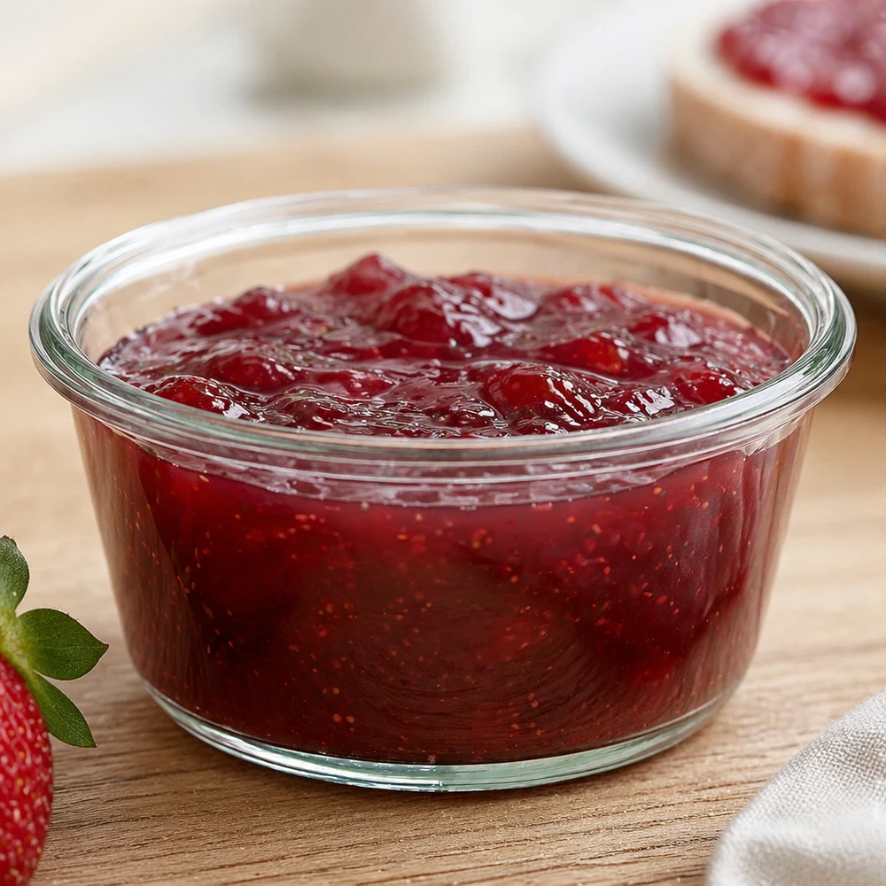 290ml sklenice na šťávu WECK RR100 pro labužníky. WECK RR100 290ml Gourmetglas mit Erdbeermarmelade befüllt auf Küchenbrett neben Erdbeere und Brot mit Konfitüre
