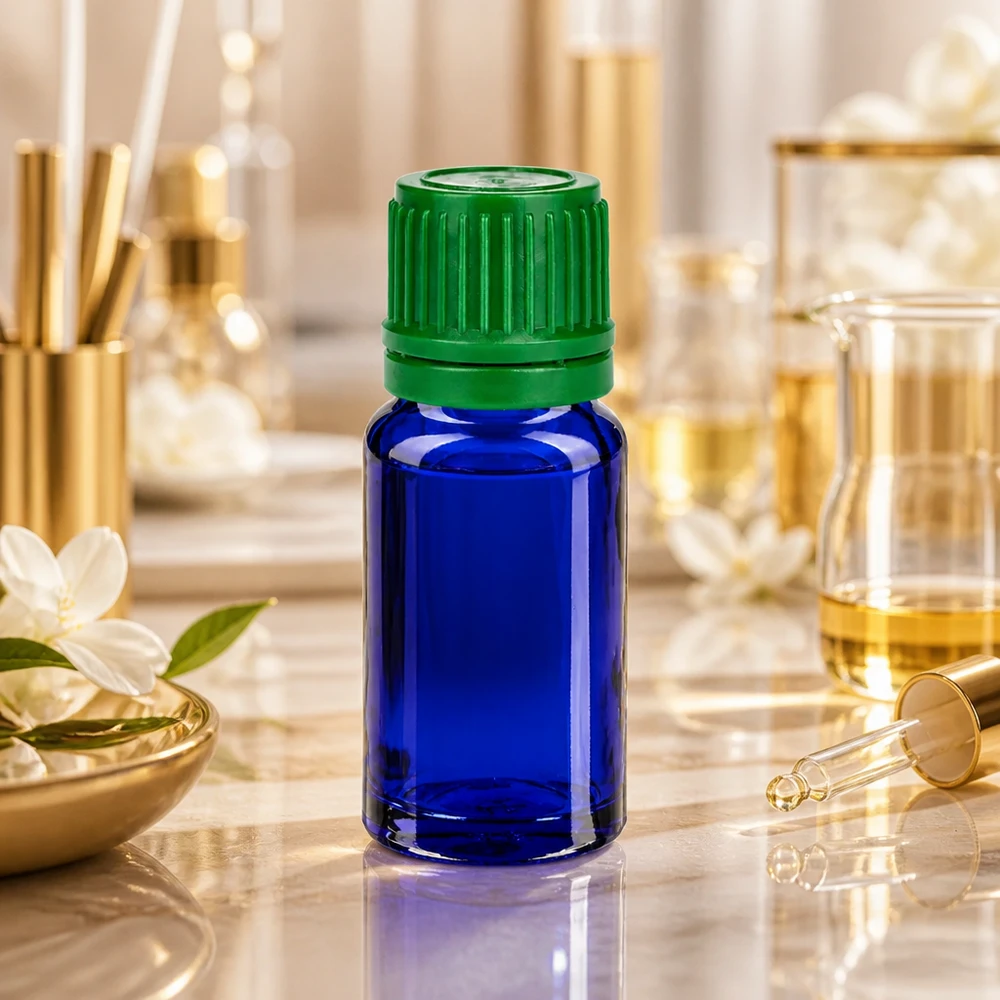 Elegante 10ml Glasflasche in Kobaltblau mit grünem Verschluss für hochwertige Produkte