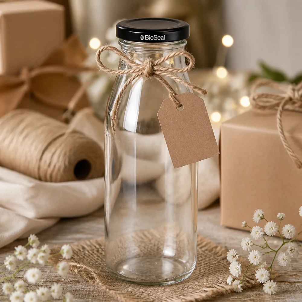 500ml skleněná láhev + víčko BioSeal černé UNiTWIST 500ml Glasflasche mit Juteschnur und Geschenkanhänger dekoriert als Geschenkidee neben Bastelmaterial