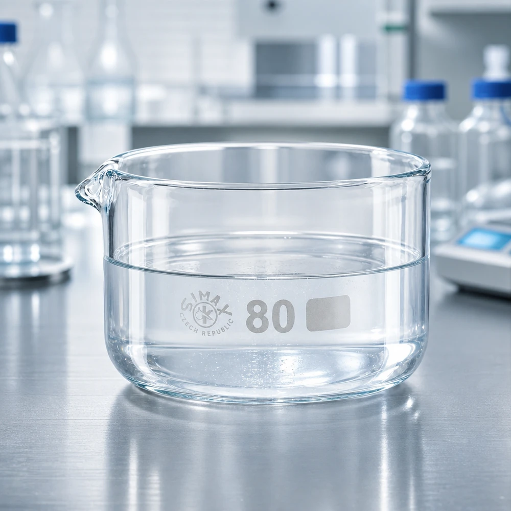 150ml krystalizační miska s výlevkou borosilikátová ø80mm Flachform Laborgefäß 150ml mit Ausguss breitbasig und transparent auf metallischer Arbeitsfläche