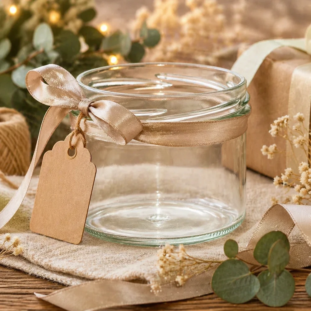 Tumbler 225ml bez víčka (TO82) UNiTWIST UNiTWIST Sturz225 Sturzglas 225ml TO82 leer mit goldener Schleife und Geschenkanhänger auf rustikalem Holztisch