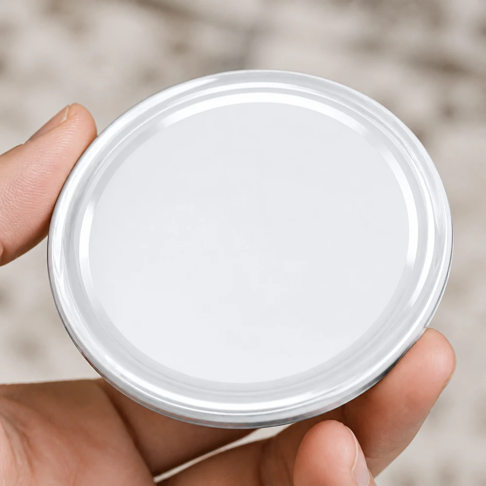 Detailní záběr bílého víčka TO66, 66 mm, BasicSeal UNiTWIST, kulatý tvar, kovový okraj
