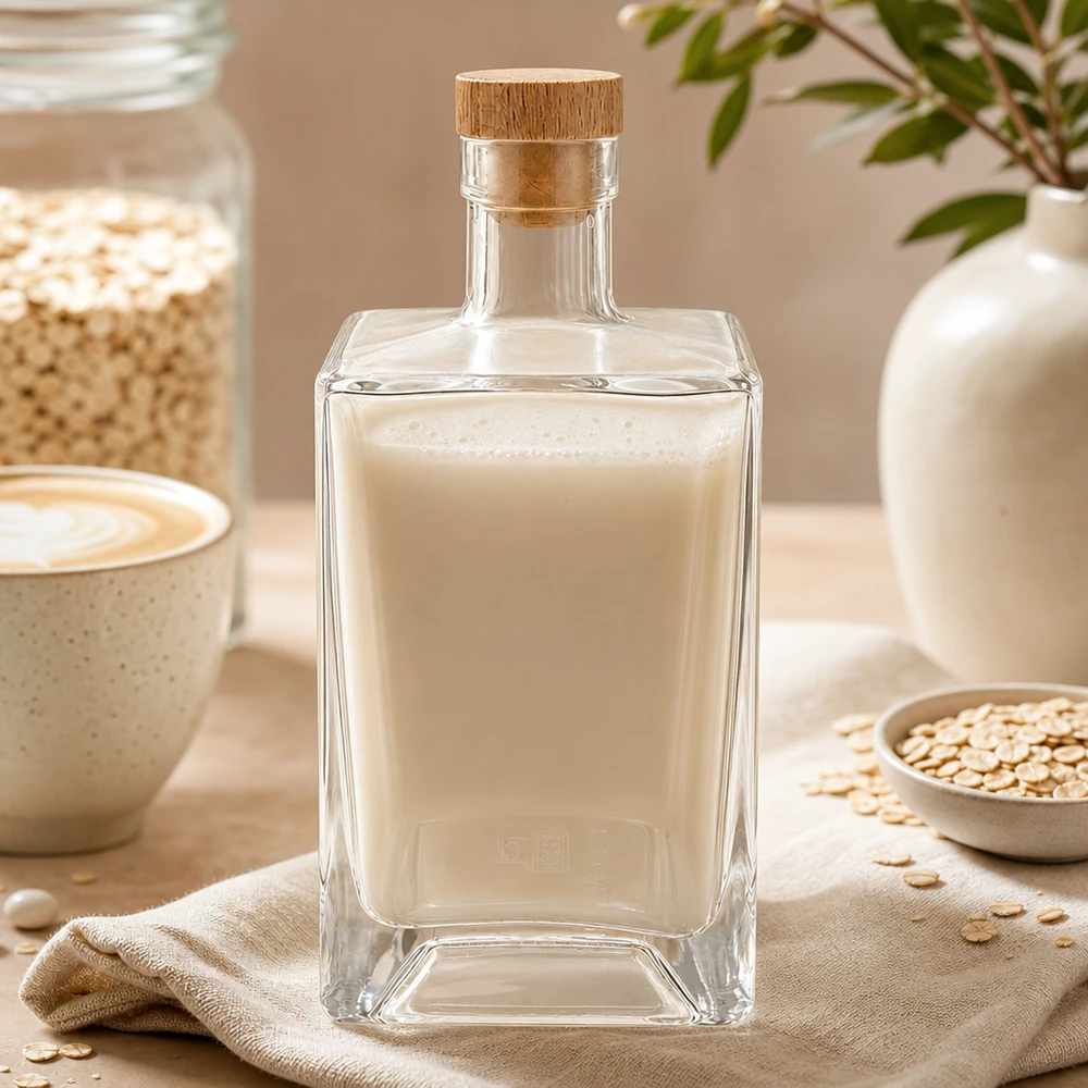 700ml Glasflasche Ben mit Hafermilch gefüllt neben Haferflocken und Kaffeetasse natürliche Küchenszenerie UNiTWIST