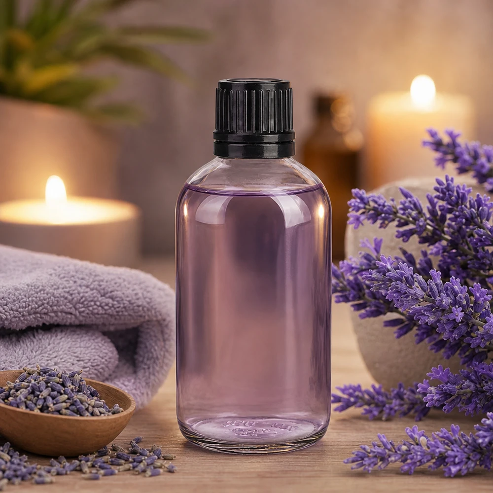 100ml globulová láhev 8mm nalévací kroužek černý standardní uzávěr ClearLine UT18/1 Apotheken Produktflasche 100ml Klarglas für flüssige Heilmittel und Aromapflege