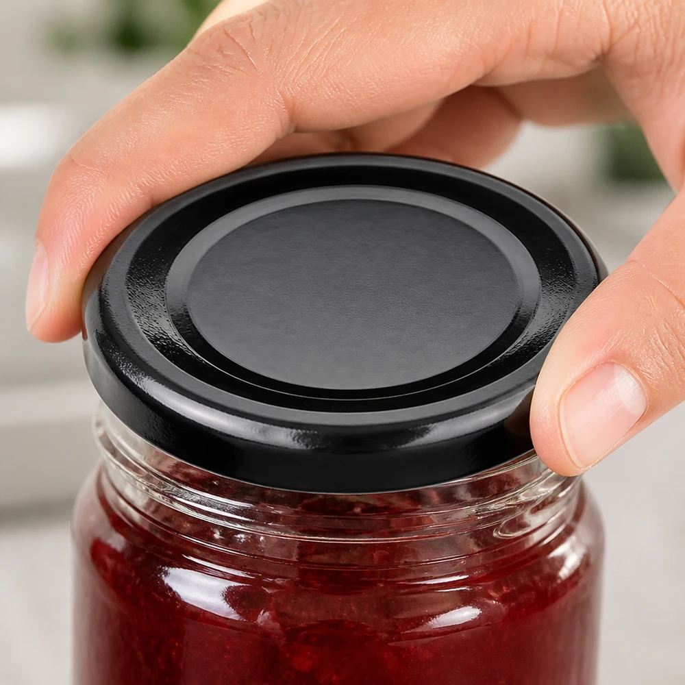 Ruka uzavírá zavařovací sklenici s červenou marmeládou pomocí černého víčka BasicSeal o průměru 66 mm typu UNiTWIST