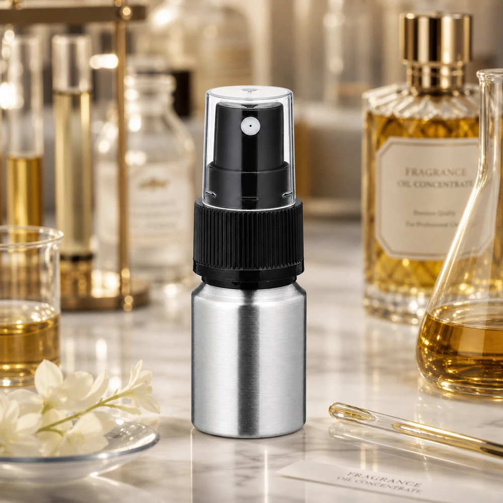 Hliníková leštěná lahvička o objemu 10 ml s rozprašovačem. Robuste geschliffene Aluflasche 10ml - langlebige Metallverpackung mit präzisem Sprühmechanismus