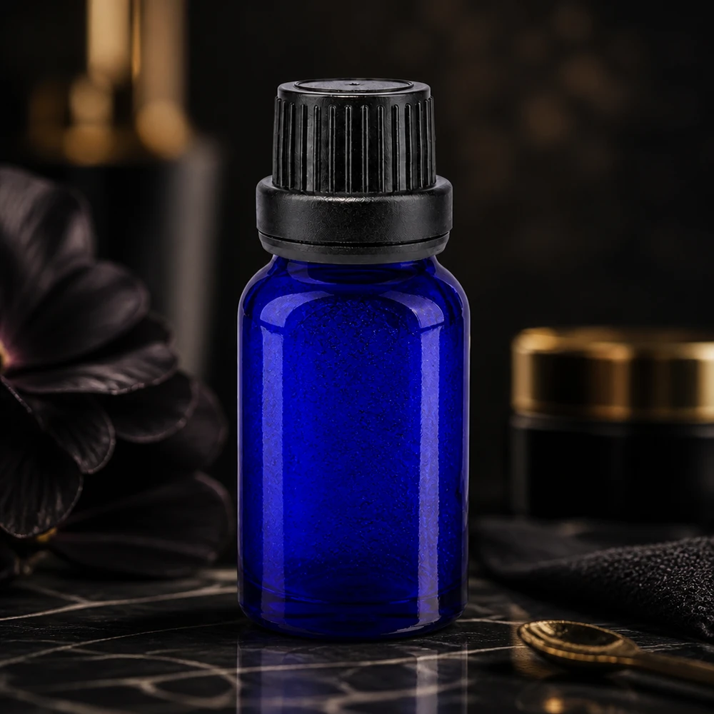 Blaue Glasflasche 10ml mit schwarzem Sicherheitsverschluss zur Lagerung lichtempfindlicher Substanzen
