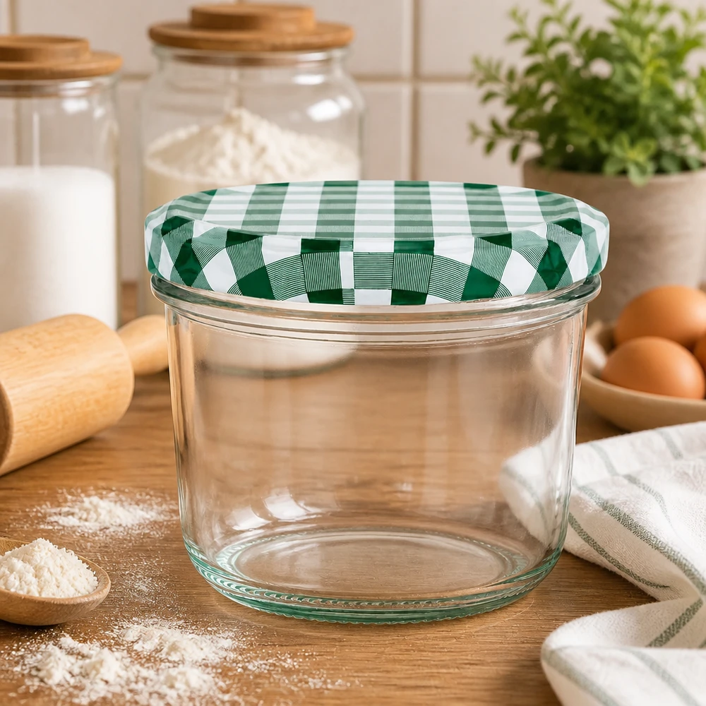 Leeres 230ml Sturzglas BasicSeal Deckel grün-weiß kariert Küchenszenerie Mehl Eier Holzbrett Einmachglas