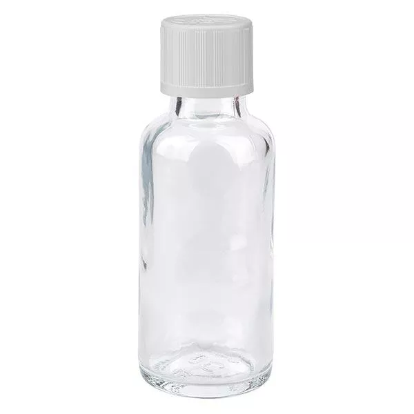 Lékárenská láhev čirá 30ml šroubovací uzávěr bílý standard odolný proti otevření dětmi.