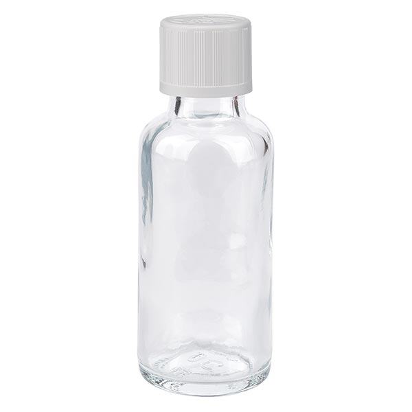 Lékárenská láhev čirá 30ml šroubovací uzávěr bílý standard odolný proti otevření dětmi. Lékárenská láhev čirá 30ml šroubovací uzávěr bílý standard odolný proti otevření dětmi.