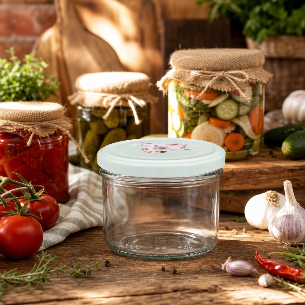 230ml Zylinderglas mit mint Herzdeckel in rustikaler Küche zwischen Einmachgläsern Tomaten und Kräutern