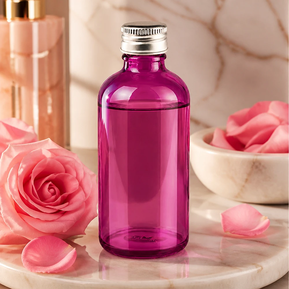 Lahvička o objemu 100 ml. Hliníkovo-stříbrný šroubovací uzávěr o průměru 11 mm standardní PurpleLine. UT18/100 Violett getönte 100ml Glasflasche mit Standard-Schraubverschluss für DIY-Kosmetik