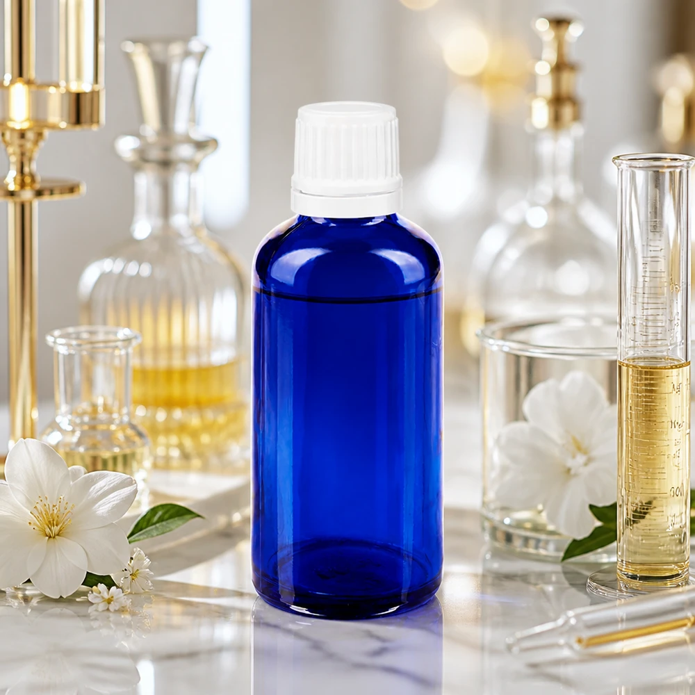 50ml blaue Apothekerflasche mit manipulationssicherem Weißverschluss in Kosmetiklabor