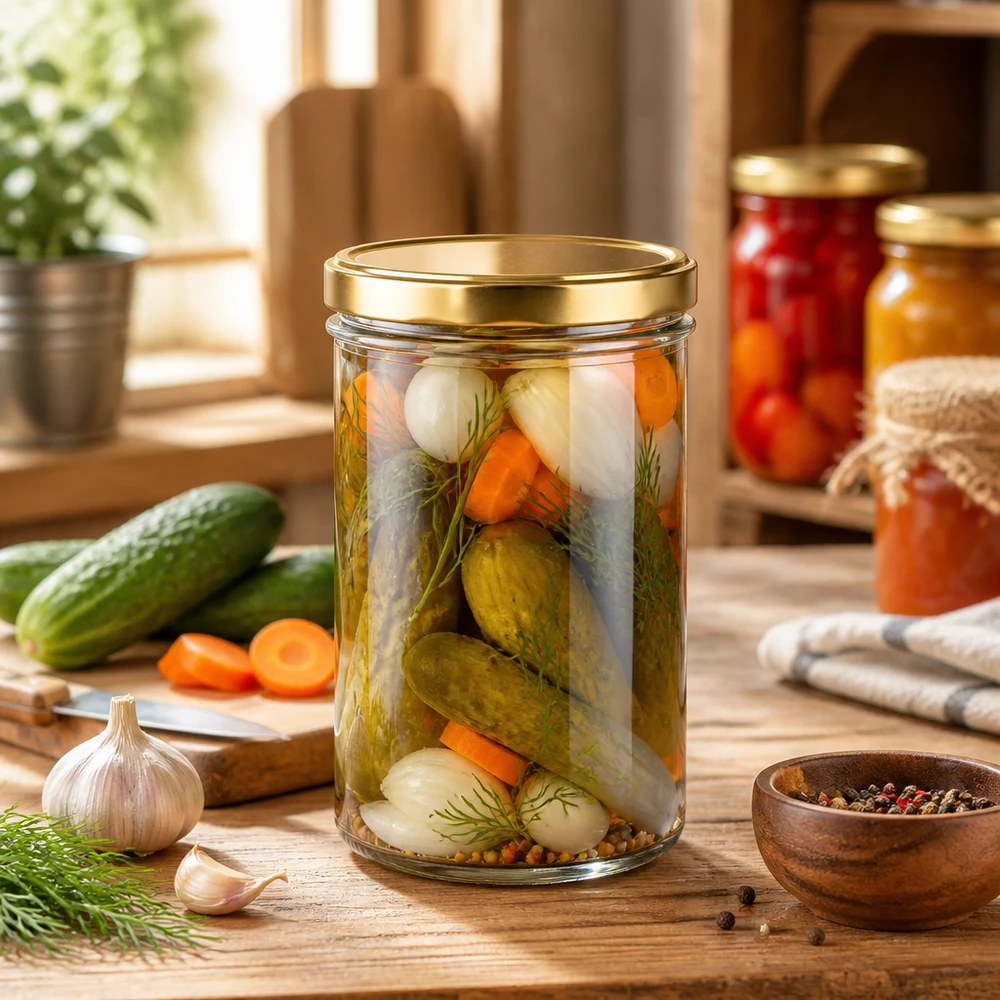 277ml Sturzglas gold mit eingelegtem Gemüse Gurken Karotten Dill als Einmachglas für Konserven und Pickles