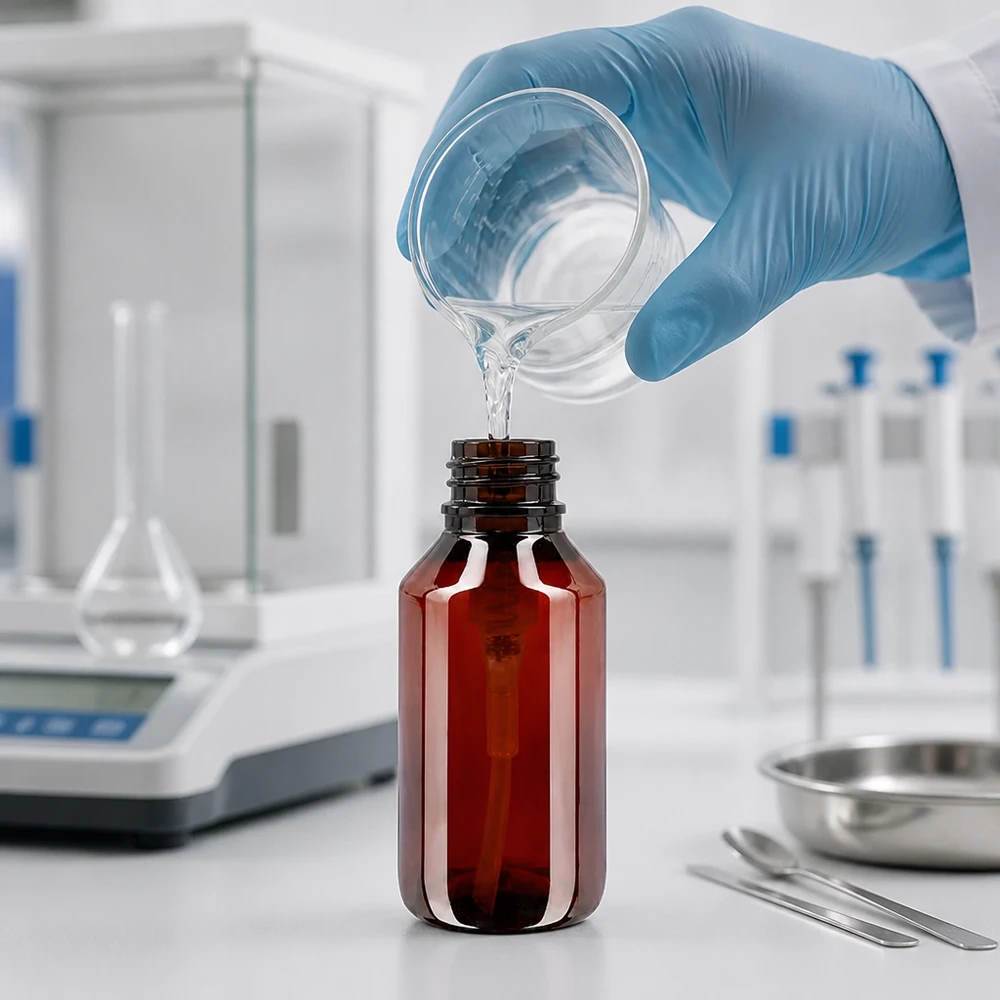 Präzises Befüllen einer lichtgeschützten 50ml PET Rundflasche mit flüssigem Wirkstoff