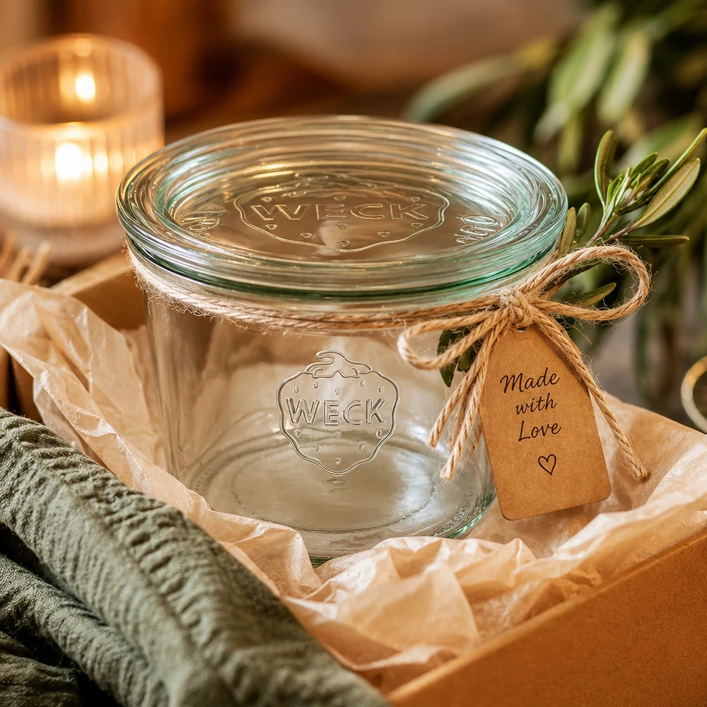 Zavařovací sklenice 370ml se skleněným víčkem WECK RR100 WECK Einmachglas 370ml RR100 als Geschenk verpackt mit Bastband und Made with Love Anhänger in Geschenkbox