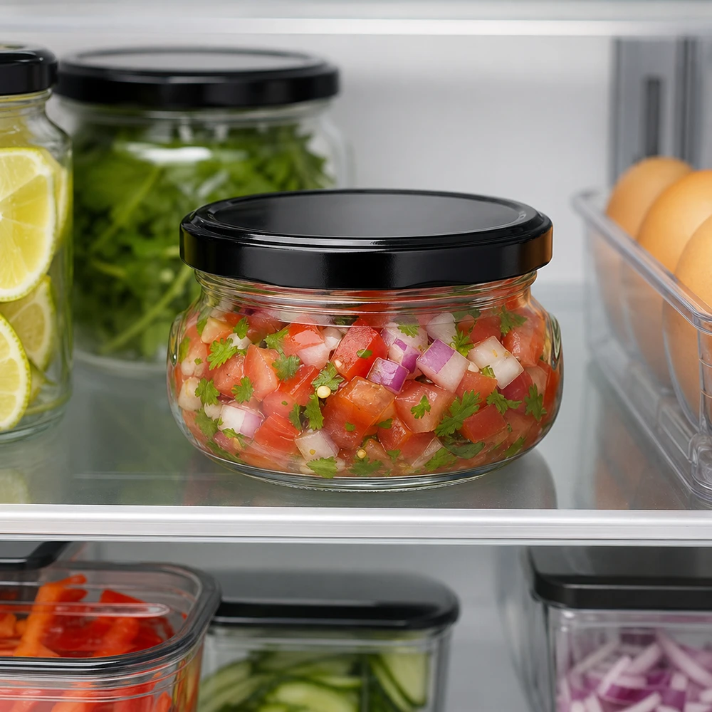 120ml Terrinenglas mit frischer Salsa im Kühlschrank gelagert, schwarzer Deckel, Meal Prep und Vorratshaltung