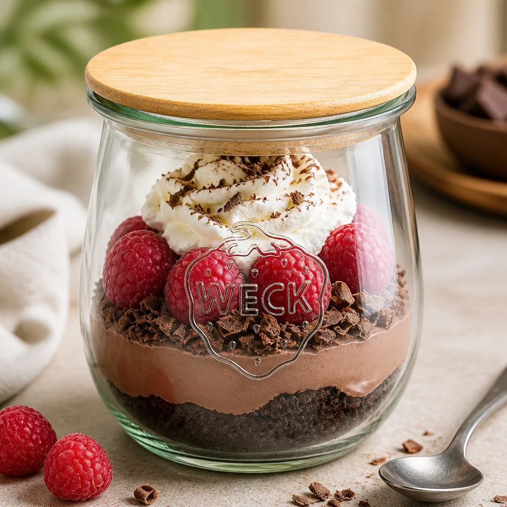 WECK Tulpenglas 220ml RR60 mit Holzdeckel als Dessertglas - Schokoladenmousse mit Himbeeren und Sahne im Einmachglas