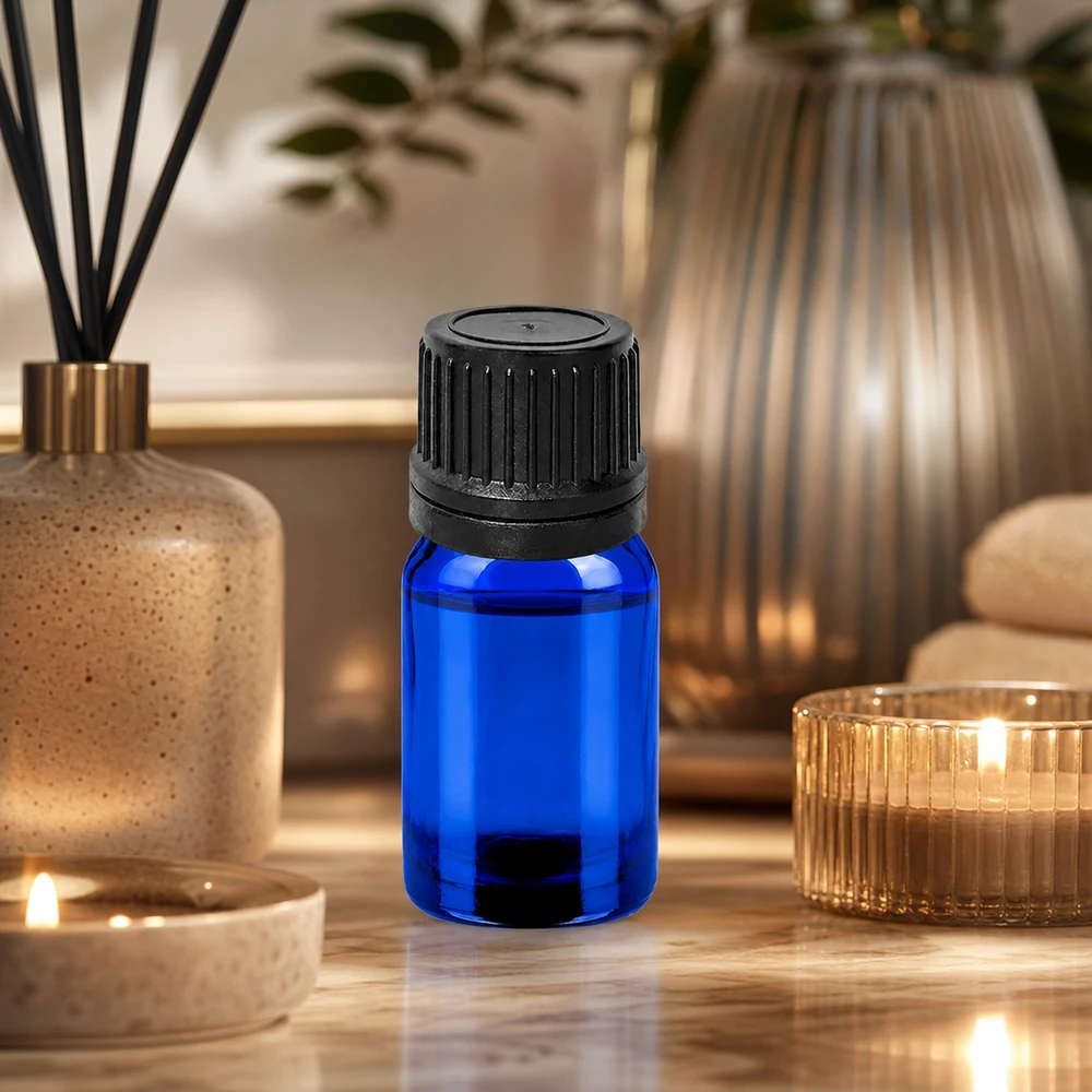 5ml lahvička s kapátkem 1mm černá s uzávěrem odolným proti manipulaci BlueLine UT18/5 Stilvolle blaue 5ml Glasflasche mit schwarzem Tropfverschluss für Aromatherapie und Naturkosmetik