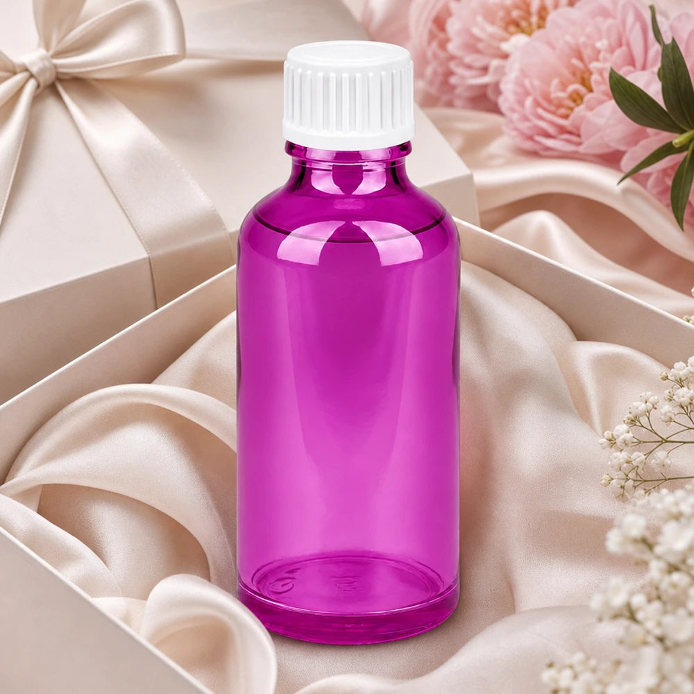 50ml (globulová) lahvička s 3mm nalévacím kroužkem bílá Standard PurpleLine. UT18/50 Elegante 50ml Glasflasche in Purple-Optik perfekt als Geschenkverpackung für Wellness-Produkte
