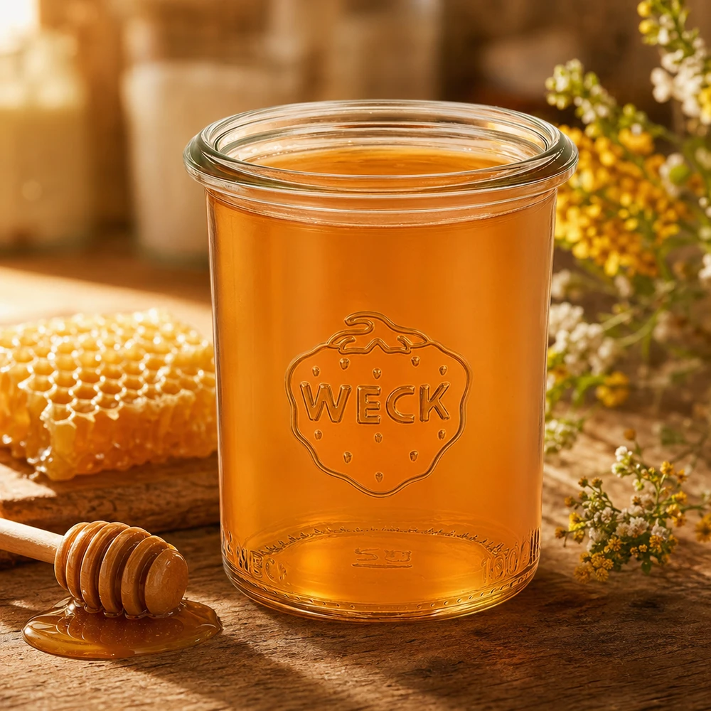 160ml zavařovací sklenice WECK RR60 s dřevěným dřevem 160ml Sturzglas WECK RR60 mit Honig gefüllt auf Holztisch mit Bienenwabe und Honiglöffel natürliche Dekoration